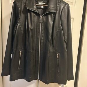 Calvin Klein Black Leather Jacket with Stand-Up Collar